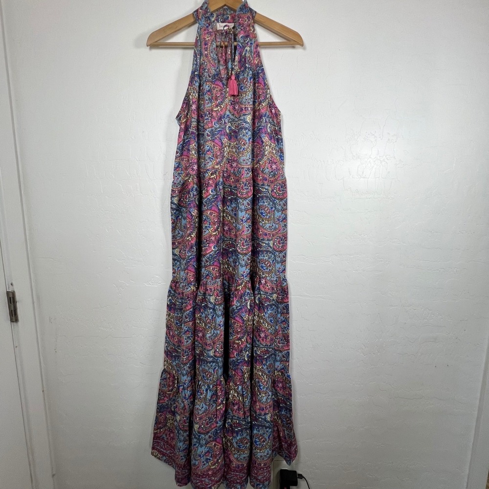 Boemo Anthropologie Pink Blue Paisley Tiered Halter Maxi Dress Tassel Tie Small